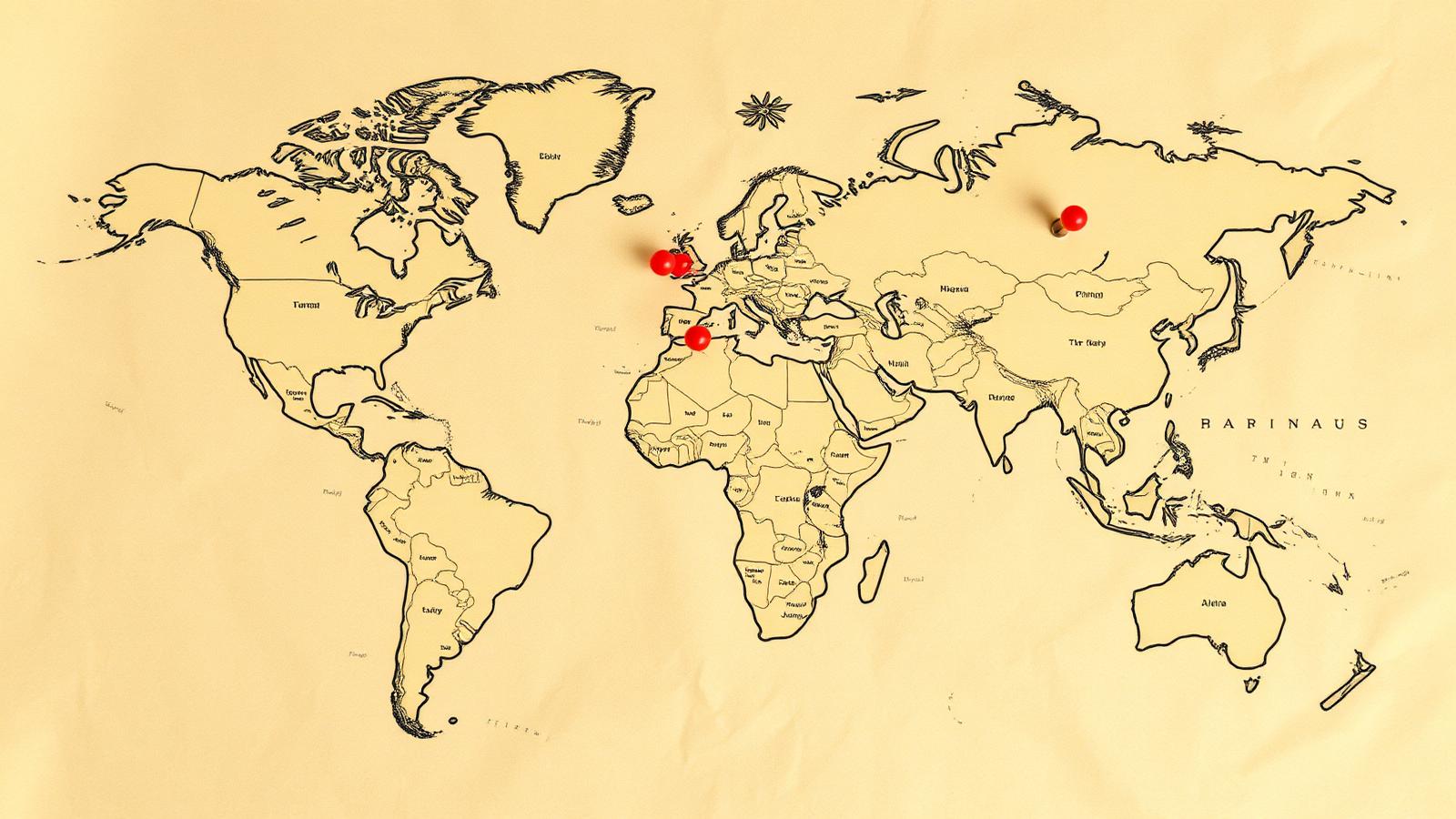 World map with travel destinations pinned